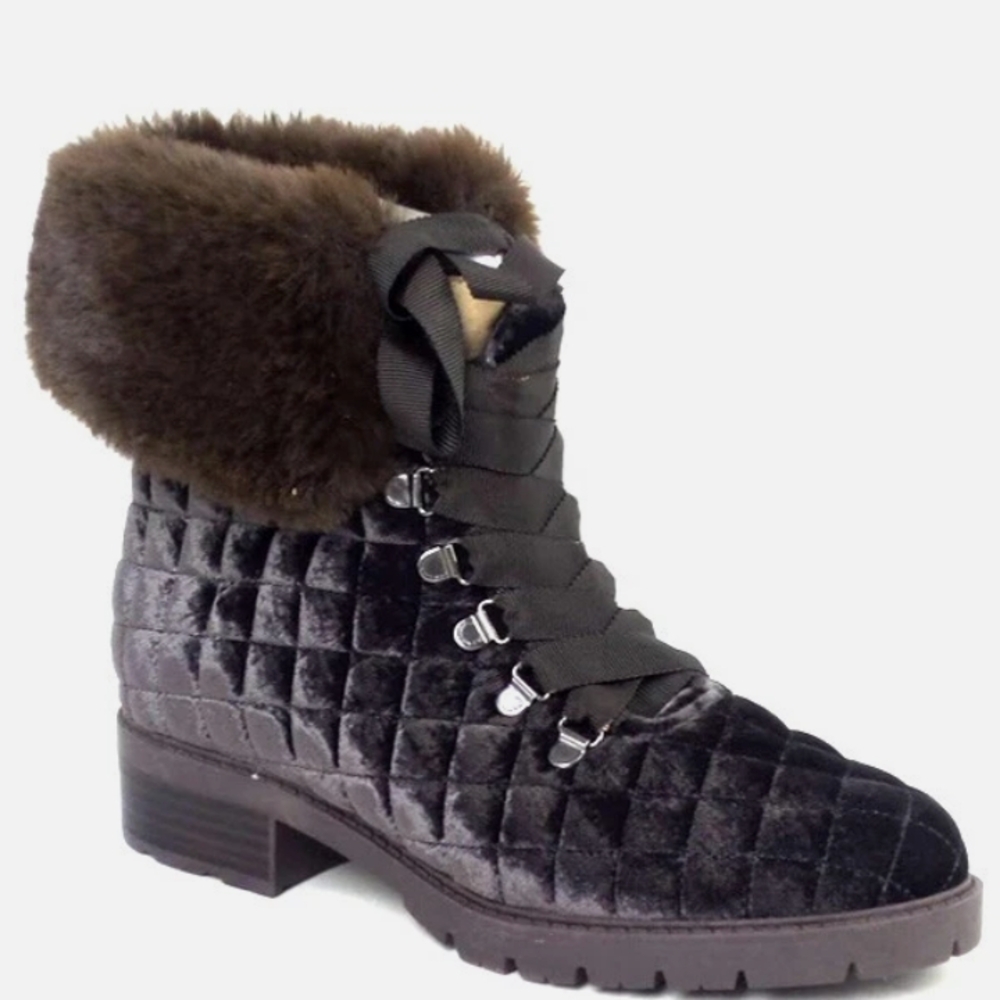 NWT.Isaac Mizrahi Live! Velvet and Faux Fur Quilted Hiker Boots Chocolate Siz 10